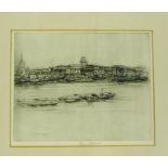 J. Brown Gibson Boats Moored on the River Etching, signed in pencil, in a glazed ebonised frame,