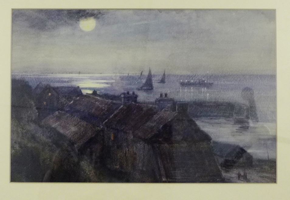 'Moonlit Fishing Village' Watercolour, apparently unsigned, in a glazed frame, 37 x 24cm