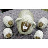 A collection of five Studio pottery sheep, largest 38 x 50cm (5)