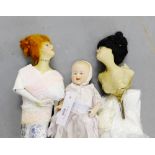 A German bisque baby doll, 20cm long, together with two Boudoir style dolly heads (3)