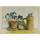 Bain 'Still Life of a Potted Plant and a Stein' Oil-on-Board, signed in a glazed painted wood frame,