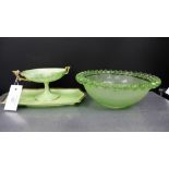 A Royal Winton and a Newhall green and gilded lustre comport and stand and a green glass bowl with a