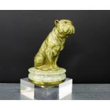 A cast bronze bulldog, modelled seated on a circular hardstone base, 16cm high