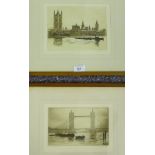 Two London framed engravings to include Tower Bridge by E.J. Maybery and Houses of Parliament by