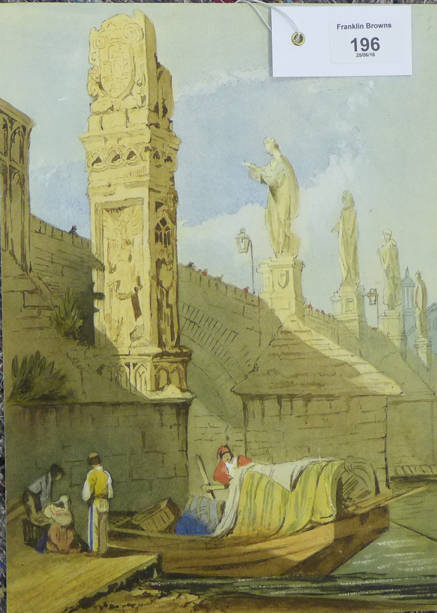 After Samuel Prout (1783-1852) 'Architectural Ruins with Figures by a River' Watercolour,