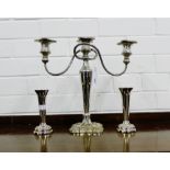 Epns wares to include a three-branch candelabra and a pair of posy vases (3)