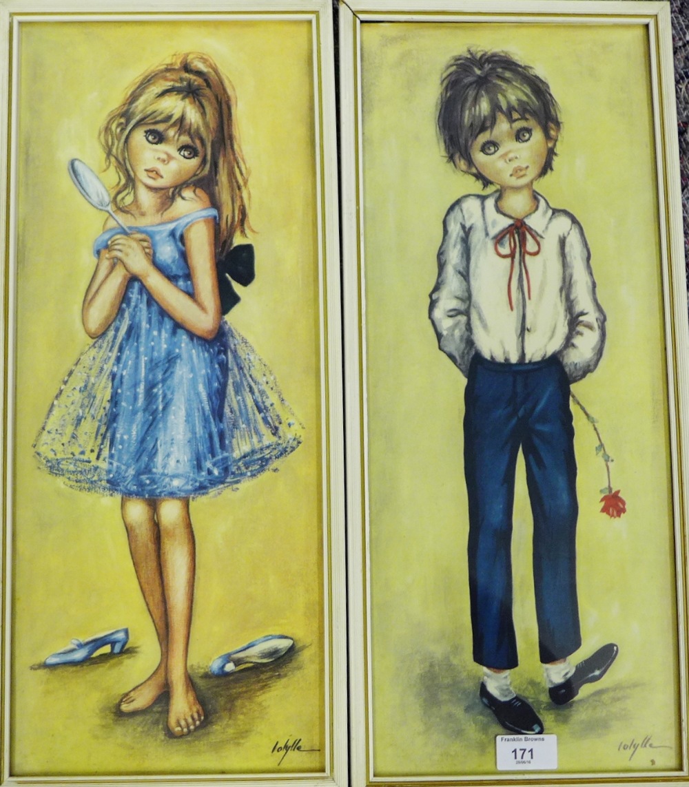 A companion pair of French mid century coloured prints of a boy and a girl, 20 x 50cm (2)