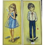 A companion pair of French mid century coloured prints of a boy and a girl, 20 x 50cm (2)