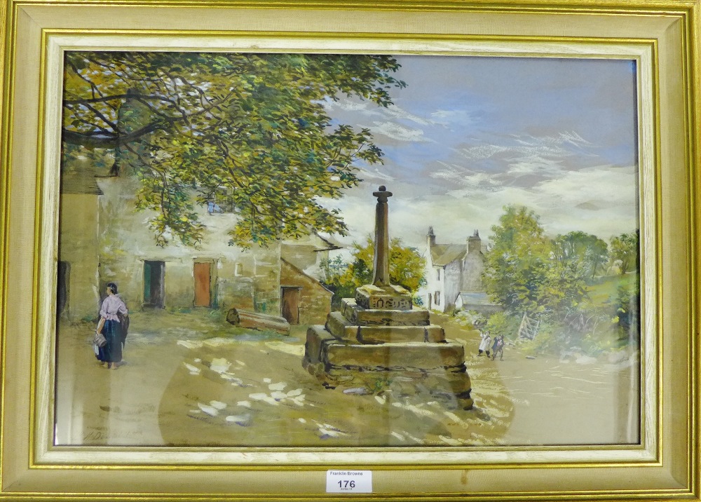 J.B. McDonald, ARSA, 'Village and Monument' watercolour, signed, in a glazed gilded frame, 50 x 35cm