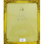 A 19th century chalk and watercolour drawing of a woman, likely Mrs Mid Wood of Derbyshire in an