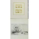 Two Figures and a Dog overlooking a Coastal Scene, etching, together with two small ink drawings