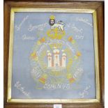 Scottish King's Own Borderers embroidered needlework panel, in a glazed oak frame, size overall