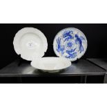 Two white glazed Meissen cabinet plates with scalloped rims together with a Staffordshire blue and