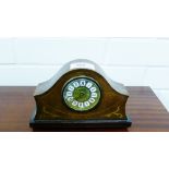 A mahogany cased and inlaid Art Nouveau style mantle clock, the brass dial with Roman numerals,