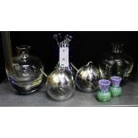 Two Caithness glass vases together with a pair of glass and Epns apple shaped condiment jars, a pair