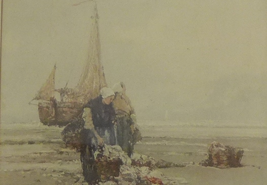 A coloured print of two Fisher Women on the Coast, in a glazed frame, 26 x 19cm