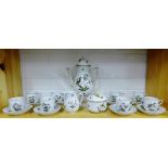 A Herend porcelain Ozier moulded coffee set, hand painted in the 'Rothschild Bird' pattern