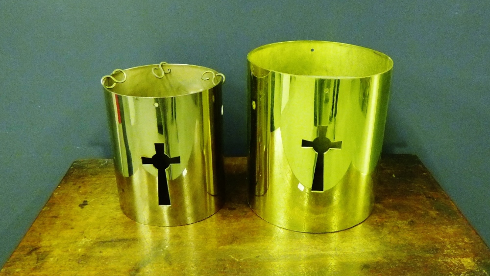 Two brass Ecclesiastical light fittings, largest 30 x 27cm (2)