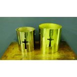 Two brass Ecclesiastical light fittings, largest 30 x 27cm (2)