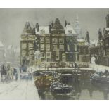 'Amsterdam in the Snow' Pencil signed coloured print, published by L'Estampe Moderne Paris, in a