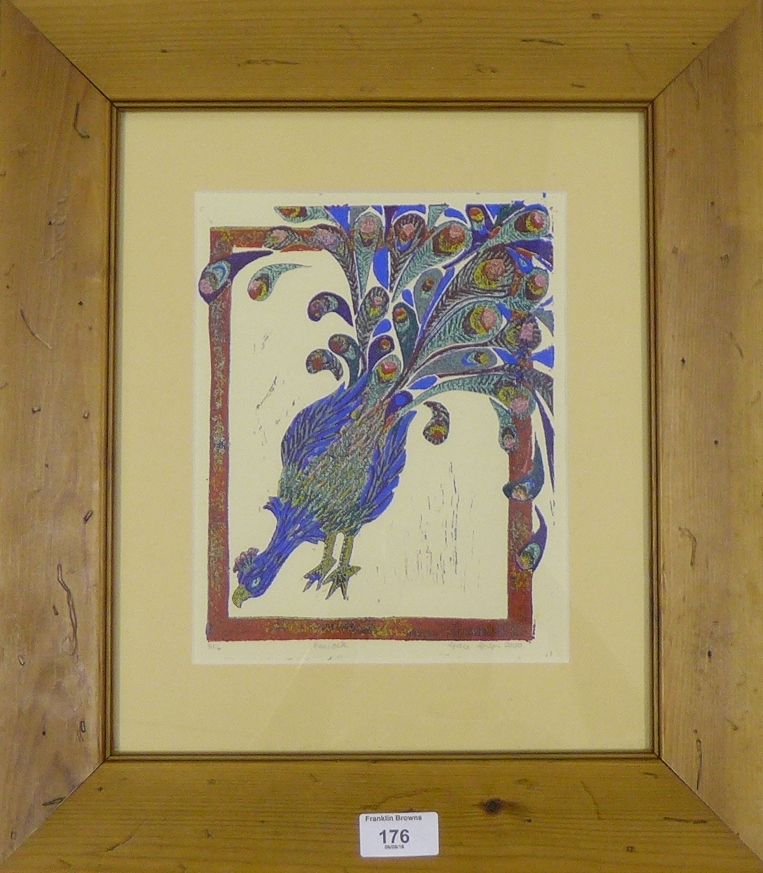 Peacock Limited edition coloured print No. 3/16, indistinctly signed and dated 2000, in a glazed
