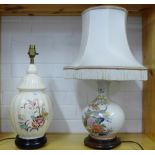 Two floral decorated table lamps on turned wood bases, (2)