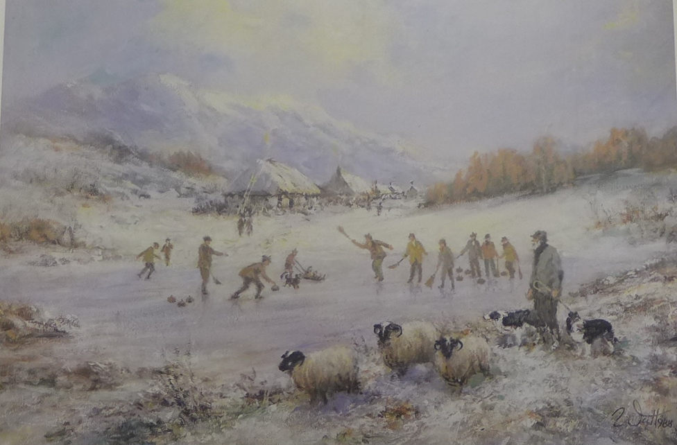 David Stratton Watt Curling on the Frozen Loch Limited edition pencil signed print, No. 232/500,