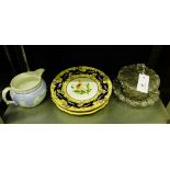 A mixed lot to include two porcelain cabinet plates, a cut glass jar and cover and a 19th century