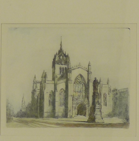 A coloured etching of St. Giles Cathedral, Edinburgh, signed bottom right, Laing, in a glazed frame,