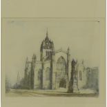 A coloured etching of St. Giles Cathedral, Edinburgh, signed bottom right, Laing, in a glazed frame,