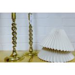 A pair of faux brass spiral stemmed table lamp bases complete with pleated shades, 30cm high