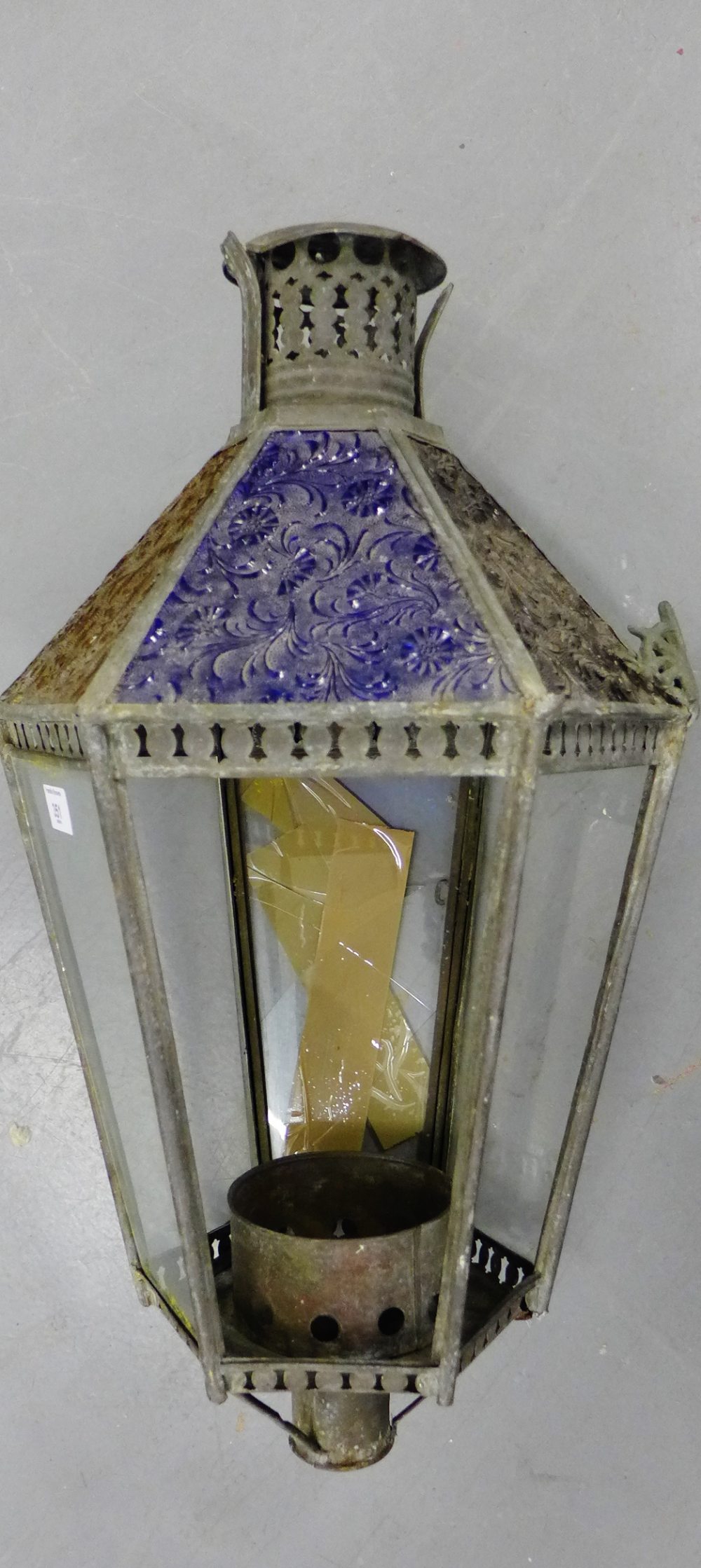 A lantern light with coloured glass panels to top (some lacking), 70cm long