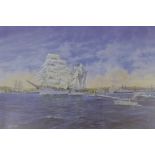 A limited edition William Dobbie coloured print 'Tall Ships on the Forth', in a glazed gilt wood