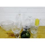 A mixed lot of cut crystal and glass ware to include decanters, a vase, an etched bottle, fruit