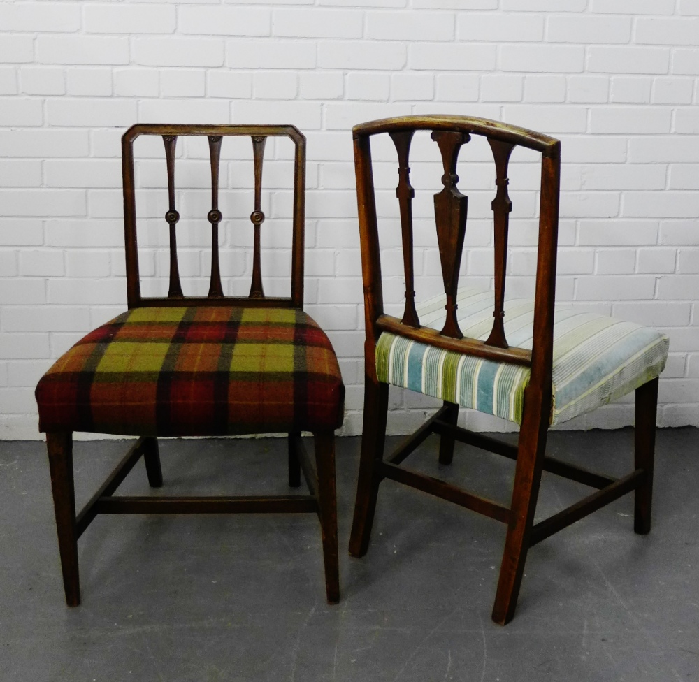 Two country wood spar back chairs with upholstered seats on tapering block supports and stretcher (