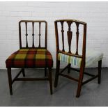 Two country wood spar back chairs with upholstered seats on tapering block supports and stretcher (