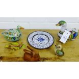 A mixed lot to include a Cloisonne duck jar and cover, together with a painted wood duck, a frog, an