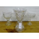 Crystal and cut glass to include a large flower vase, sweet meat dish, a large goblet and a globe