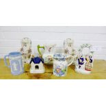 A collection of Staffordshire potteries to include a flat back figure, a pastel burner, a Masons jug