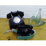 A mixed lot to include The Rhythm Radiation Iron, three cod bottles and a black GPO telephone (6)