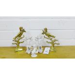 A mixed lot to include three bisque cherub figures, together with a pair of brass birds on plinth