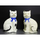 A pair of Staffordshire cat figures, each modelled seated with blue ribbon bows, 19cm high (2)