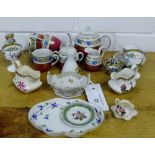 A mixed lot of porcelain trinkets to include a Dresden twin handled basket, a Spode plate, a