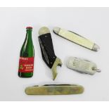 A novelty lady's leg pen knife together with three others and an enamel McEwan's Sparkling Beer