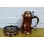 A copper tankard, the domed hinged top with a Georgian coin, together with a silver plated wine