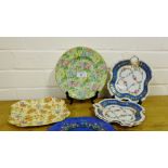 A set of three floral painted porcelain dishes, together with two Chintz plates and a cake plate (6)