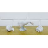 A Herend porcelain group of two hares, together with a Lladro goose and a Royal Copenhagen fan