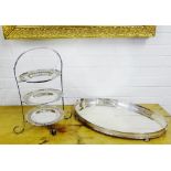 An Epns three tier cake stand, together with an oval twin handled gallery tray on bun feet (2)