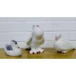 A Rye pottery figure of a duck, together with two Casa Pupa white glazed doves (3)