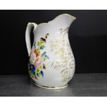 A Bridgwood & Son 19th century hand painted jug with floral sprays and gilded inscription, inscribed